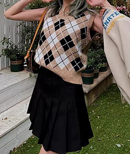 Hyipels Womens Argyle Sweater Vest Y2K Sleeveless Sweaters Loose Streetwear Preppy Style V Neck Knit Tank Top #TOP2
