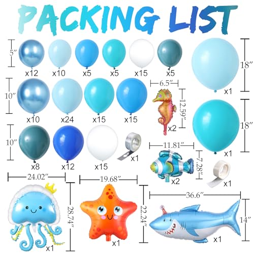 Under the Sea Party Decoration,162Pcs Mix Sky Royal Blue Balloon Arch Kit with Bubbles Starfish Shark Jellyfish Foil Balloon for Sea Animal Ocean Theme Birthday Baby Shower Beach Pool Party Supplies by DNBOD - Used condition - Image 2
