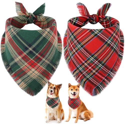 Vivifying Dog Christmas Bandana with Tassels Edges, 2 Pack Classic Plaid Triangle Dog Apparel & Accessories, Funny Holiday Pet Scarf Costume for Photo Prop, and Party Decor (Large, Red&Green)