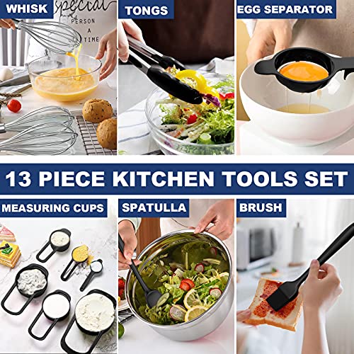 Stainless Steel Mixing Bowls With Airtight Lids, Fungun 20 Pcs Metal Mixing Bowl Set, Size 5-3.5-2.5-2-1.5-1-0.7 Qt, Black Nesting Bowls With Kitchen Tools Set For Kitchen Cooking, Baking, Prepping #TOP5
