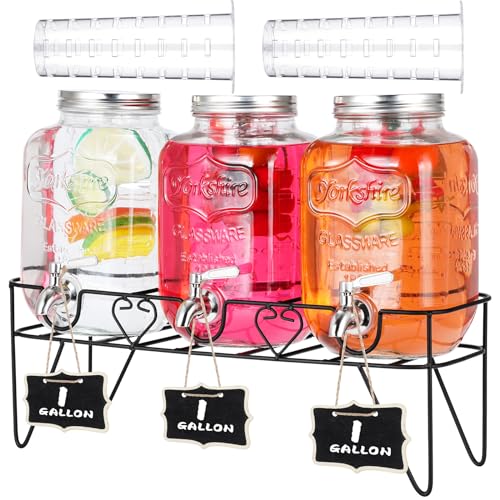 Nitial 3 Set 1 Gallon Drink Dispenser with Stand Glass Beverage Dispenser with Stainless Steel Leakproof Spigot Lid Ice Cylinder Hanging Chalkboards Lemonade Dispenser for Water Parties Tea Juice