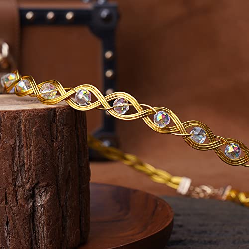 Coteeza Fairy Braided Headpiece Gold Circlet Crown Celtic Handmade Headband Tiara White Beads Cosplay Medieval Hair Accessory Vintage Headdress For Renaissance Birthday Rave Masquerade #TOP5
