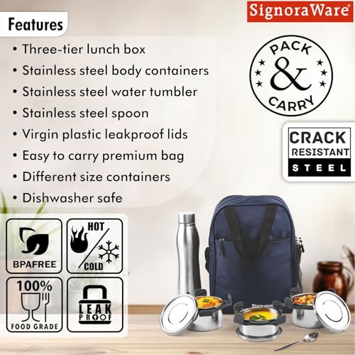 Image of SignoraWare All Steel Fusion Jumbo Stainless Steel Lunch Box | Airtight & Leakproof | Ideal for Office, School, Travel & Outdoor Use (500mlx2 + 350ml + 1 LTR | Set of 4 | Black)