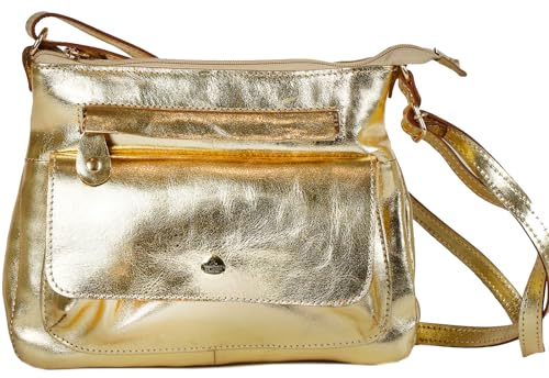 Bolsa Transversal Feminina Selma, Bolsa Tiracolo em Couro Legitimo, Alças Ajustáveis - Betania Couros (Dourada)