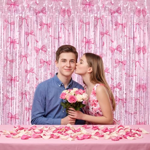 Image of TONIFUL 2Pcs Laser Pink Bow Metallic Tinsel Foil Fringe Curtain Streamers