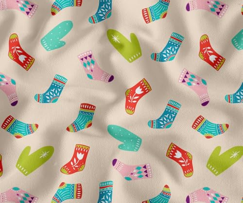 Image of Soimoi White Cotton Canvas Fabric Socks & Gloves Folk Art Print Sewing Fabric Meter 56 Inch Wide
