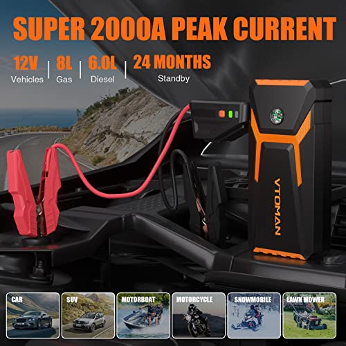 Vtoman V8 Jump Starter, 2000A Peak For Up 8L Gas And 6L Diesel Engines, Car Battery Charger Jump Starters 12V Auto Lithium Battery Booster Pack, Portable Jump Box With Jumper Cables Lcd Display Orange #TOP1