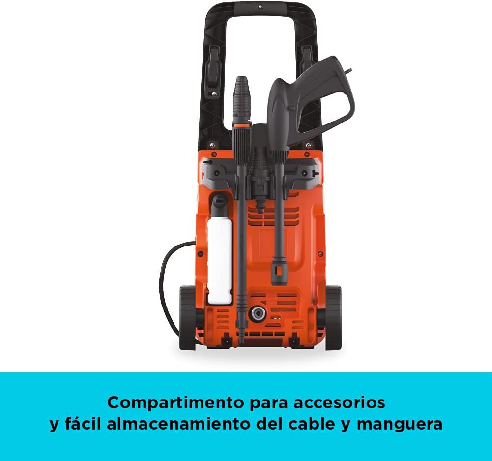 Rear view of the BLACK+DECKER BW15 High-Pressure Washer, showing the accessory compartment and cable/hose storage.