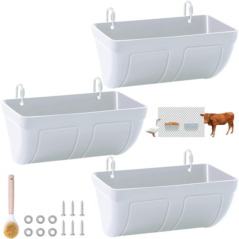 hanging chicken feeder trough and goat feeder, sheep deer poultry dogs deers gooses duck fence, 4.5 quart feeder supplies livestock feeding container supplies feeders waterer bucket, 3pack white