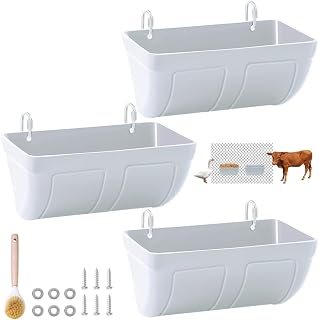 Goat Feeders Hanging 3 Pack 5 Quart, Chicken Waterer Feeder Trough for Poultry Duck Sheeple Coop Dog Livestock Poultry Plastic Trough Bucket, Hanging or Screw-in Fence Feeder with Clips, White