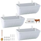 Goat Feeders Hanging 3 Pack 5 Quart, Chicken Waterer Feeder Trough for Poultry Duck Sheeple Coop Dog Livestock Poultry Plastic Trough Bucket, Hanging or Screw-in Fence Feeder with Clips, White