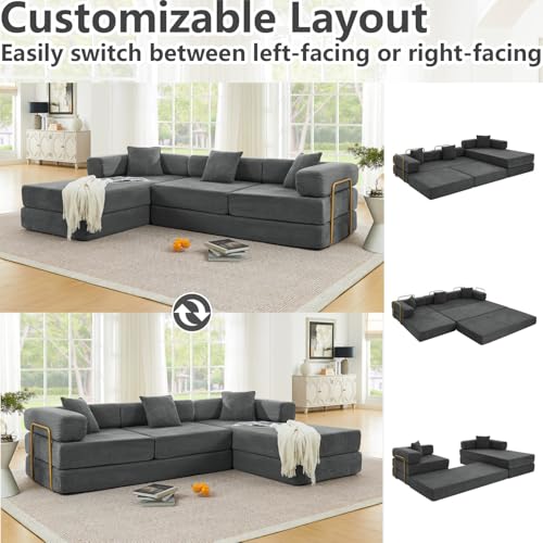 Image of HANXIN 108 inch Modular Sectional Sofa, Futon Convertible Sofa Bed,Oversized Corduroy Boneless Couch for Living Room,Floor Loveseat Sleeper with Pull Out Bed,Free Combination,No Assembly Required (Grey)