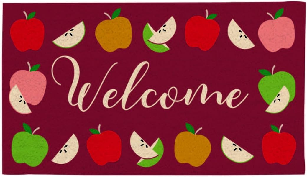 Evergreen Fall Apples Print Door Mat | Front Door Welcome Mat for Outdoor Indoor Entrance | 28x16 Inches | Non-Slip Backing Doorway Doormat | Thanksgiving Fall Decor for Porch Patio Floor