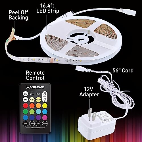 Image of XTREME Lit 16.4ft RGBW Color-Changing Indoor LED Light Strip, 12V Adapter, Easy DIY Installation