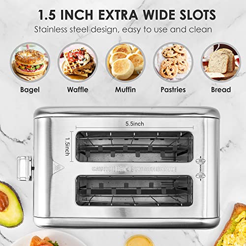 Toaster 2 Slice, Redmond Stainless Steel Toaster With Led Countdown Timer Display, 1.5" Wide Slot Compact Toaster With Bagel/Defrost/Cancel Function, 6 Shade Control, Removable Crumb Tray, Silver #TOP3