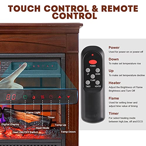 Electric Fireplace Mantel Heater 27" Freestanding, Wooden Infrared Quartz for Indoor Use with Logs Set Realistic Flame Effect, Remote Control & 12H Timer Overheat Auto Shut Off Thermostat Home