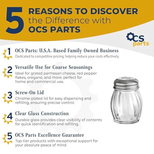 OCS Parts 3.5-Inch Glass Shakers with Chrome Plated Slotted Lids | 6-Pack | Grated Cheese, Chili and Red Pepper Shaker for Home Kitchens, Delis, Restauarants, and Pizza Parlors