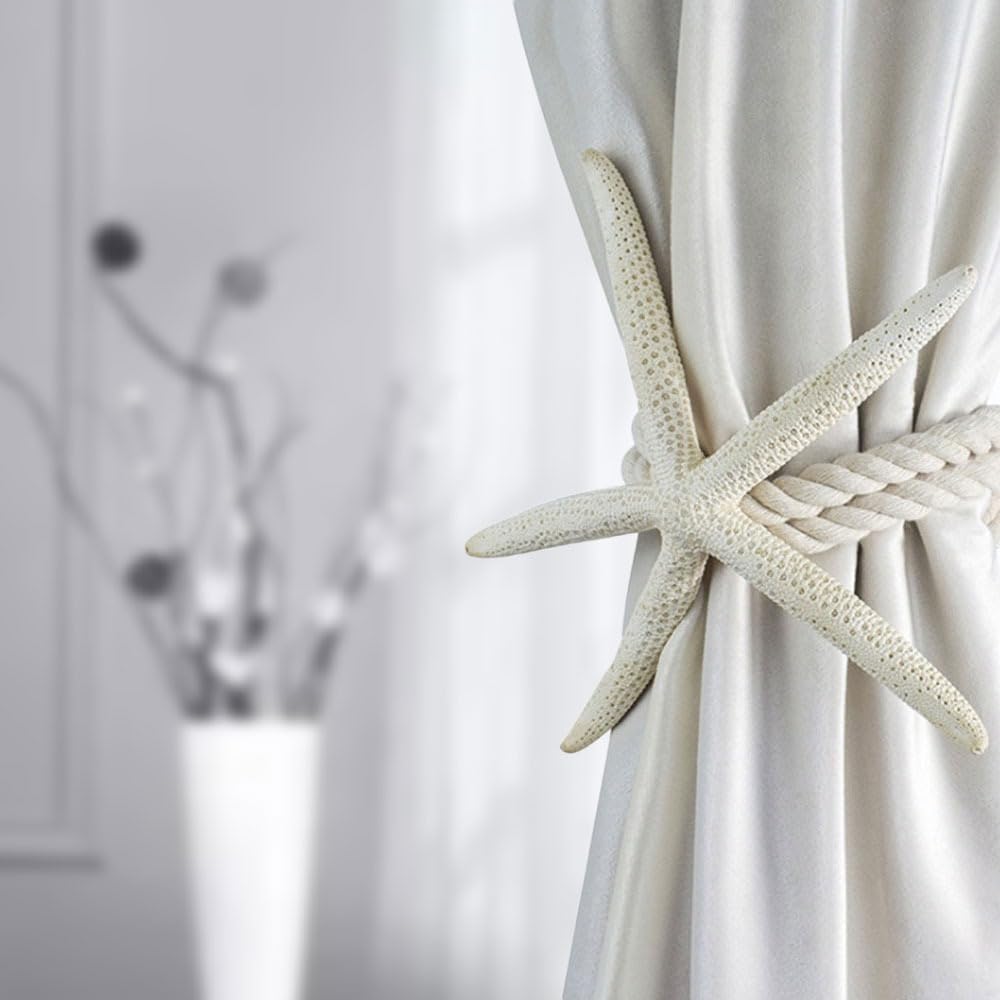 2Pcs Starfish Shape Curtain Tiebacks – Handmade Woven Rope Beach Themed Curtain Ties for Living Room,Bedroom Window Decor
