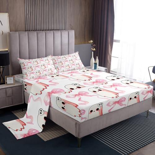 Homemissing Juego de sábanas con temática de Halloween, tamaño King, bonito juego de cama de fantasma, con lazo rosa, sábana bajera ajustable de microfibra transpirable suave y ligera