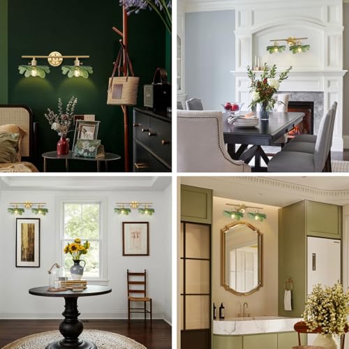 Image of Green Bathroom Vanity Lights Over Mirror, 2 Light Vintage Wall sconces with Glass Shade Bathroom Sconce mid Century Wall Sconce Light Gold Wall Lighting Fixture for Bedside Bedroom Doorway