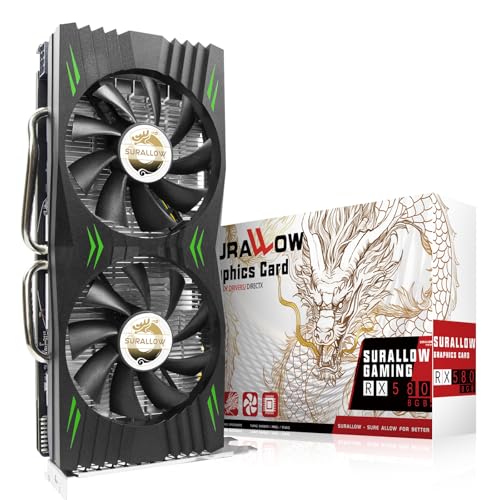SURALLOW RX 580 Graphics Card 8GB 2048SP GDDR5 256 Bit Pc Gaming Video Card 3*DP HDMI PCI Express 3.0 with Freeze Fan Stop for Desktop Computer GPU for Gaming PC