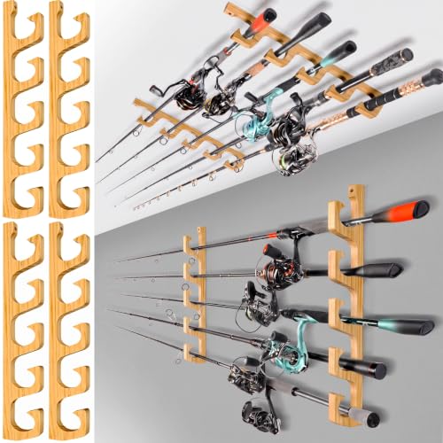 PLUSINNO H5W Solid Wood Fishing Rod Holder, Horizontal Wall & Ceiling Mount Fishing Pole Holders for Garage Storage, Holds 10Rods, Combos and Fishing Nets（Natural Wood,2packs）