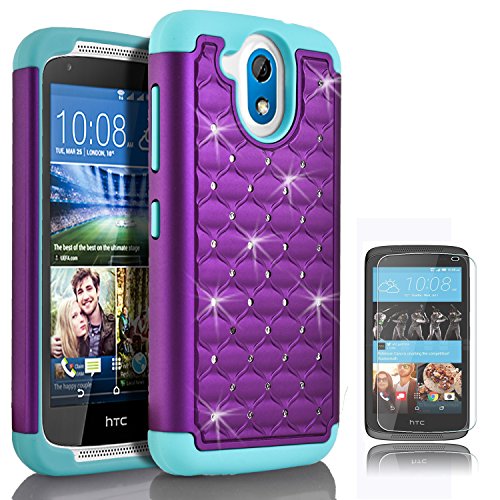 STARSHOP Compatible with Desire 526 Case, Slim Dual Layer Armor Phone Case Cover with Spot Diamond Teal/Purple with Premium Screen Protector