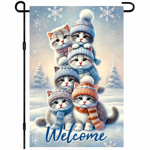 Image of BlissYard Garden Flag Kitten Snowy Landscape Winter 12x18 Inch Polyester