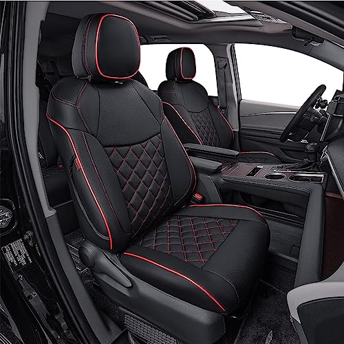 EKR Sienna Seat Covers for 2021-2025 Toyota Sienna LE, XLE,8 Seats,2nd Row 4/2/4 Split,Waterproof Seat Covers Full Set for Trucks,Car Seat Protectors-Three Row,Leather(Black with Red Piping)