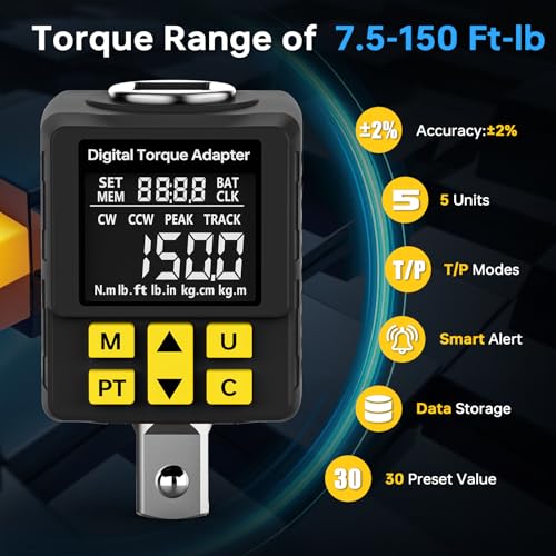 Image of YIYEIE 1 /2 inch Digital Torque Wrench Adapter, 7.5-150Ft-lb (±2% Accuracy) | Buzzer & Color Display Alert, Peak /Track | Preset | Store /Delete, Versatile Electronic Torque Adapter for Car (203 N.m)