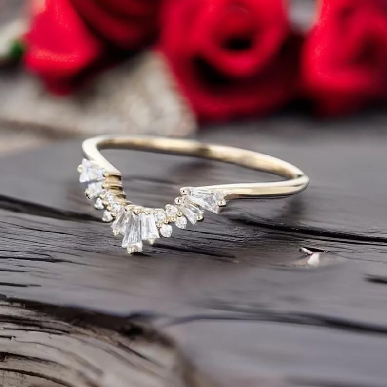 Handmade Unique Curved Sterling Silver Wedding Band - Exquisite Baguette & Round Cut Natural Moissanite Ring for an Elegant and Timeless Bridal Look