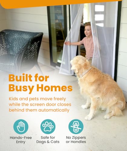 Image of Flux Phenom Magnetic Screen Door (White) - Bugs Out, Breeze in - 9min Install Auto-Sealing Heavy Duty Double Stitched Mesh, 52 Magnets, Hands Free Patio Doors Net, Pet & Kid Friendly, 38 x 82 Inch