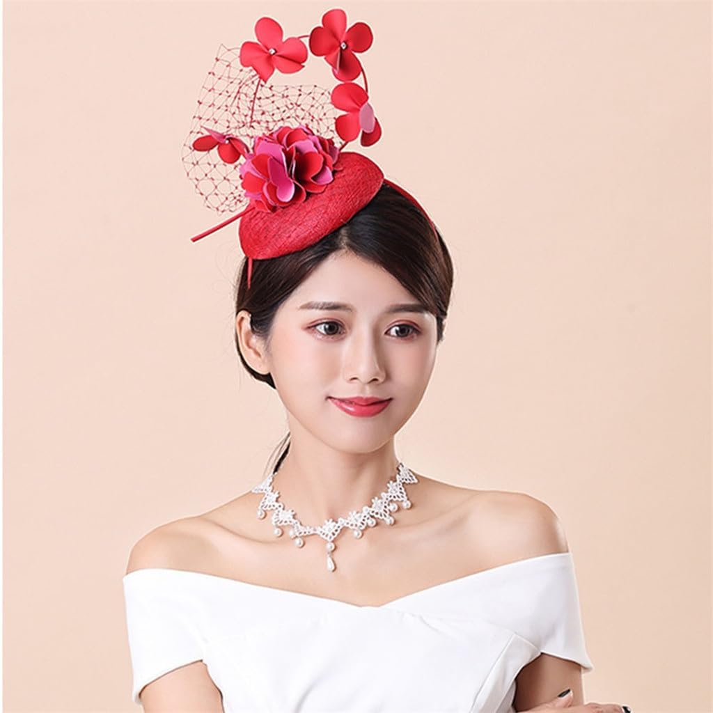 Fascinator Red Derby Hat for Women Elegant Headband Veil Flower Wedding Tea Party Dress Cap