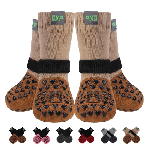 EXPAWLORER Anti Slip Dog Socks to Prevent Licking Paws, Winter Snow Dog Boots & Paw Protectors Booties for Hardwood Floors with Heart Grippers, Dog Shoes for Small Medium Large Senior Dogs Khaki M