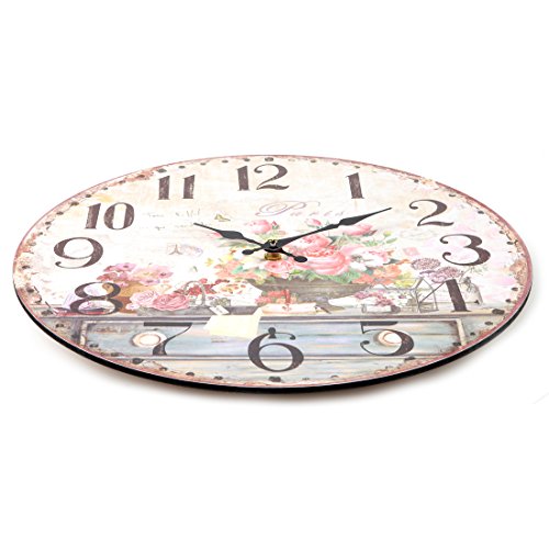Lily's Home Vintage Inspired French Pink Flowers Kitchen Wall Clock, Battery-Powered With Quartz Movement, Ideal Gift For Paris Or Coffee Lovers (13" Diameter) #TOP2