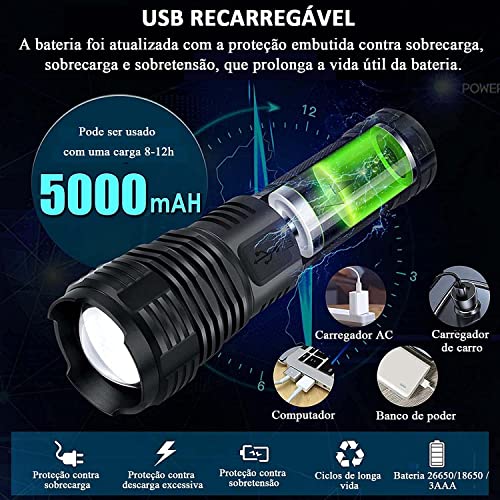 Lanterna LED, 5 Modos de Luz, Zoomable, USB Recarregável com 3000 Lúmens e Lanterna Tática Resistent