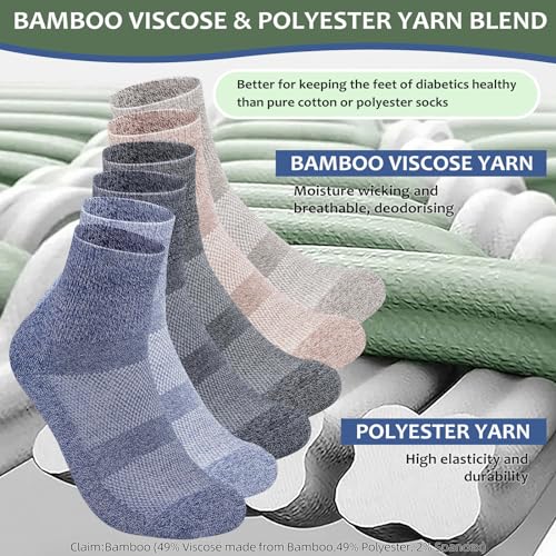 Bulinlulu Bamboo Viscose Diabetic Socks, 6 Pairs Non Binding Ankle Socks, Reinforced Toe, Size 6-9/9-11/13-15
