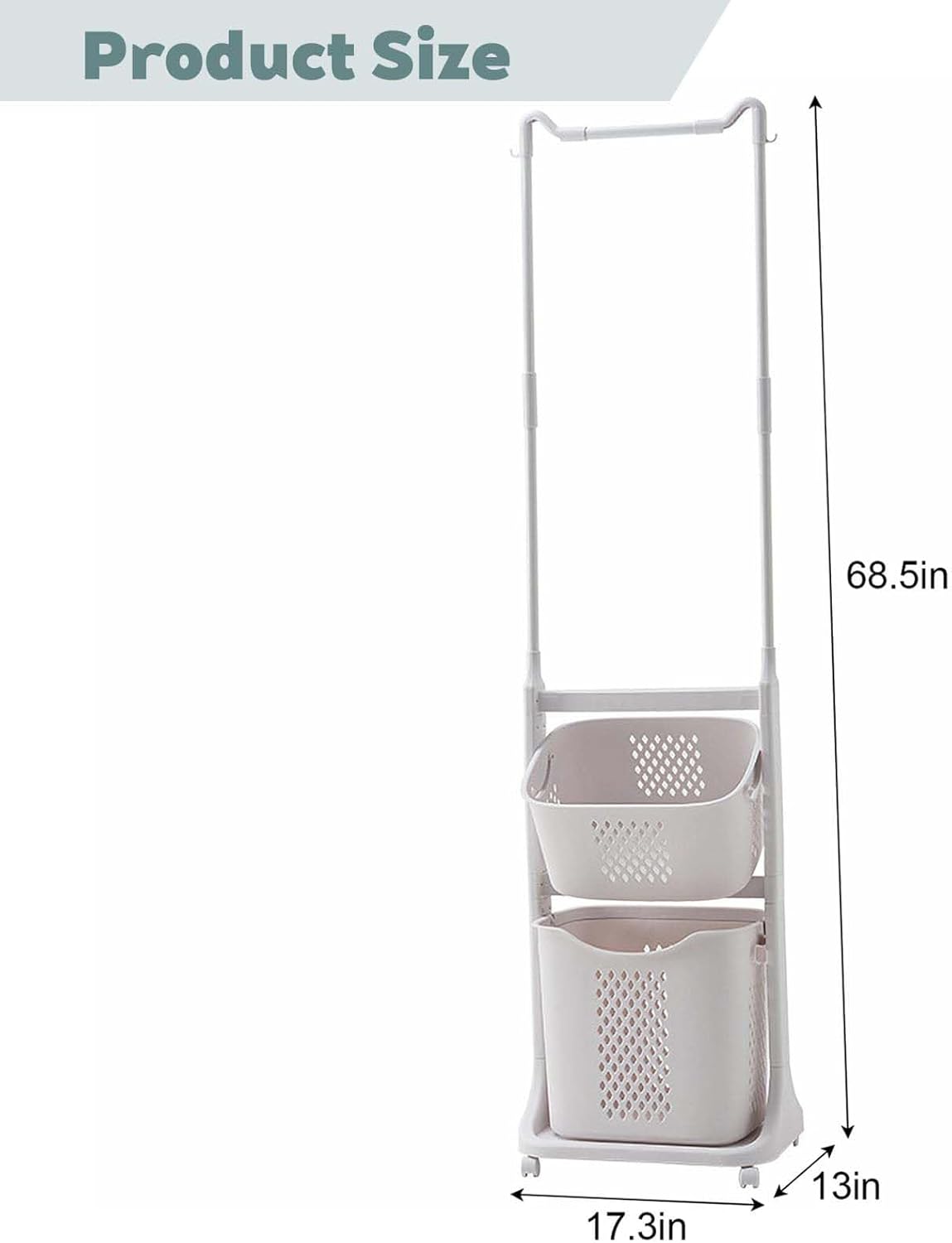 2-Tier Rolling Tiered Laundry Basket Organizer, Vertical Laundry Sorter with 4 Wheels and Hanging Bar, For Kitchens, Bathrooms, Bedrooms, Dormitories, Classrooms, Laundry Rooms,003