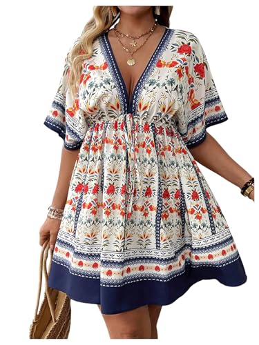 Image of Floerns Women's Plus Size Summer Vacation Wrap V Neck Short Sleeve Ruffle Hem A Line Hawaiian Short Dress