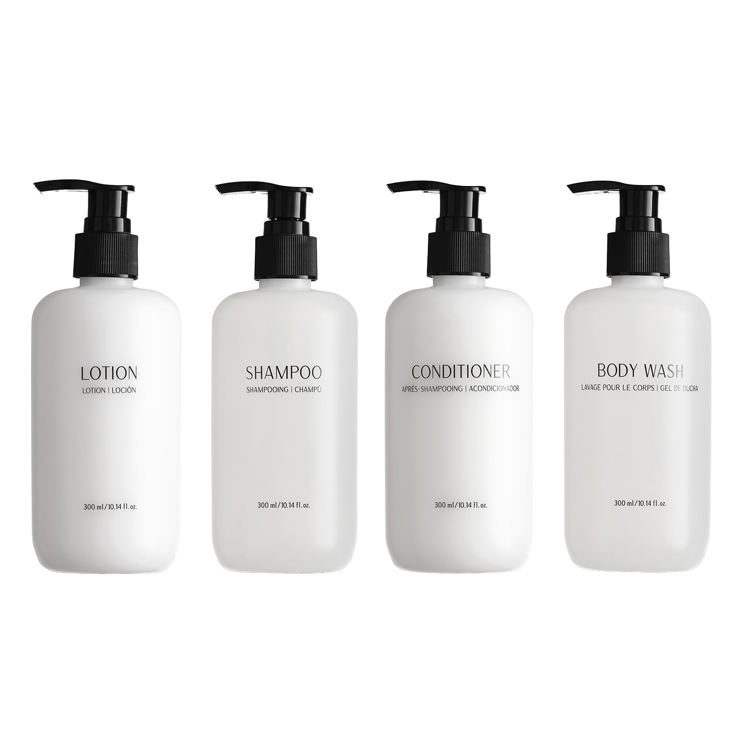 Shampoo Conditioner Body Wash and Lotion Kit 4 Pump Bottles Per Case Each 10.14 Fl oz/300 ML Aloe vera, Green Tea Extract Infused Hotel Toiletries