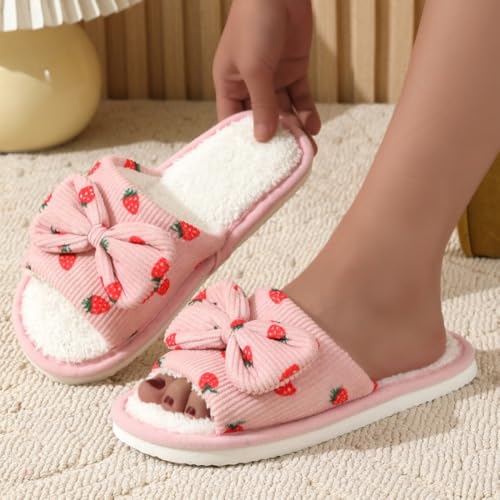 Premium Comfort Cute Bow Strawberry Women's Fuzzy House Slippers Indoor Soft Warm Kawaii Shoes Memory Foam Sole3