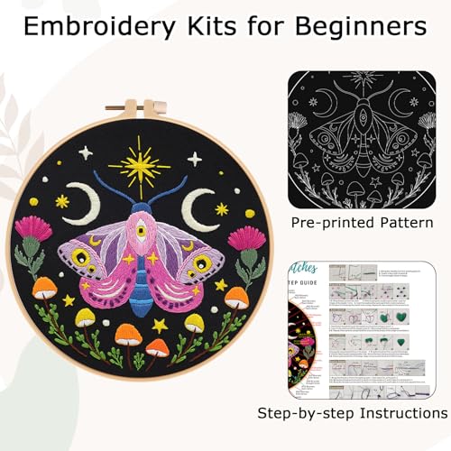 Image of Nuberlic Moth Embroidery Kit for Beginners -Easy Cross Stitch Kits- Complete Embroidery Starter Set with Hoop, Pre-Printed Fabric, Threads & Needles