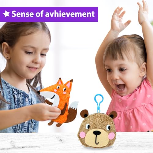KRAFUN Kinder-Nähset für Anfänger ab 5 Jahren, 5 Tierprojekte (Eule, Katze, Fuchs, Löwe, Teddybär), Plüschfilz, Schlüsselanhänger, Anleitung, Lernspielzeug