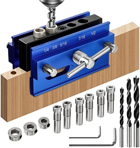 Self Centering Dowel Jig Kit, Drill Jig for Straight Holes Biscuit Joiner Set, Adjustable Drilling Guide Wood Working Tools with 3 Drill and 6 Drill Guide Bushings, Wood Doweling Jig for Woodworking