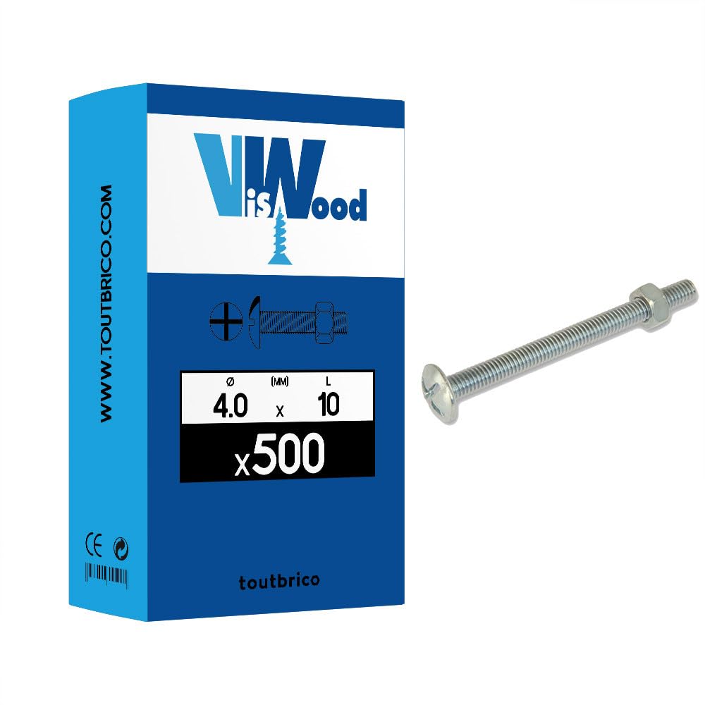 Viswood 601B4010 Boîte de 500 Boulons poêlier Filetage total 4,0 x 10 Acier Zingué Blanc