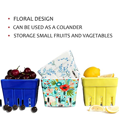 Leazul Ceramic Berry Basket Set Of 4, Colander, Farmhouse Square Bowl. Rustic Kitchen Decor Fruit Bowls, Fruit Baskets,Blue Yellow And Floral Flowers Pattern Stoneware Harvest Bowls Kitchen Bowl #TOP3