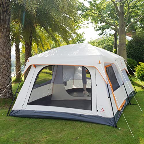 Ktt Extra Large Tent 10-12 Person(B),Family Cabin Tents,2 Rooms,Straight Wall,3 Doors And 3 Windows With Mesh,Waterproof,Double Layer,Big Tent For Outdoor,Picnic,Camping,Family Gathering(Light Brown) #TOP2