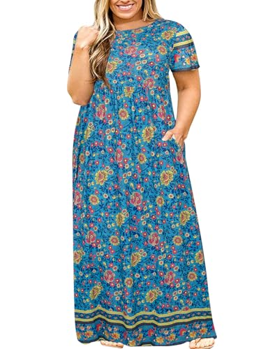 Image of Kancystore Women's Plus Size Maxi Dress with Pockets Summer Dresses XL-5X | Plus Size High Waisted Long Length Beach Dress, Empire Waist Round Neck Casual Dress, Solid Striped Floral Tie Dye Colors