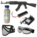 Pack Airsoft Rifle eléctrico CM.520 AK47 Negro con batería, Cargador de batería, Cargador de Bolas, Gafas homologadas, máscara Facial y Botella de 3000 Bolas. Potencia 1 Julio