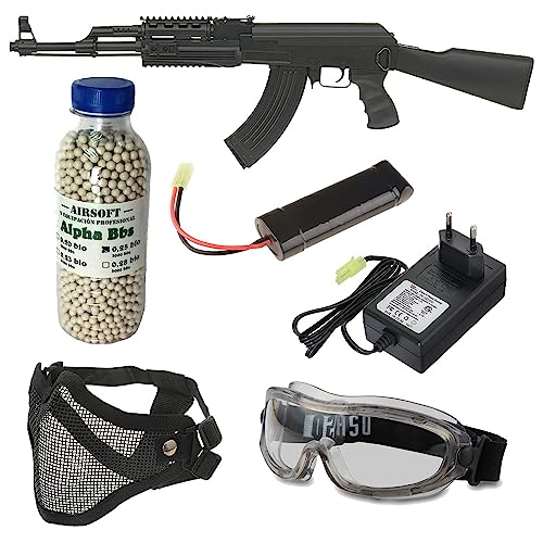 Pack Airsoft Rifle eléctrico CM.520 AK47 Negro con batería, Cargador de batería, Cargador de Bolas, Gafas homologadas, máscara Facial y Botella de 3000 Bolas. Potencia 1 Julio